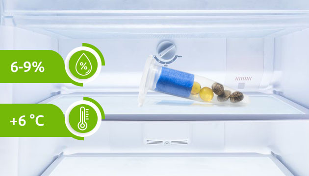 Хранение при температуре +6 °C и влажности 6-9%